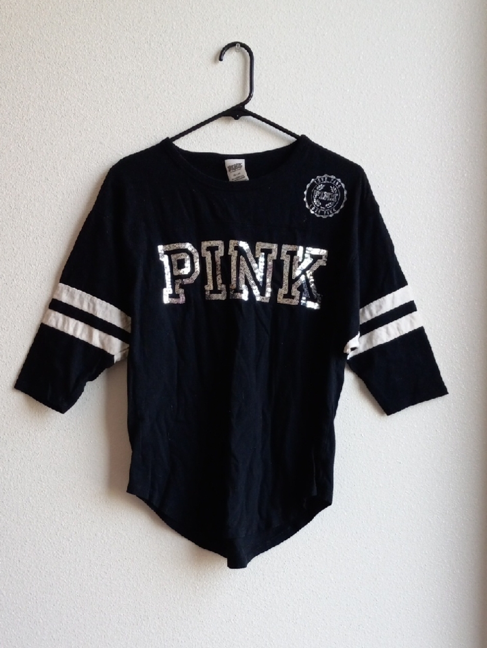 PINK Victoria's Secret Black Sequin Logo 3/4 Sleeve Top